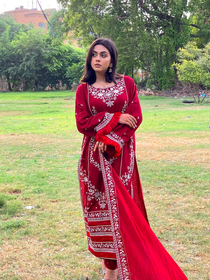 Maroon Embroidered Cotton Suit