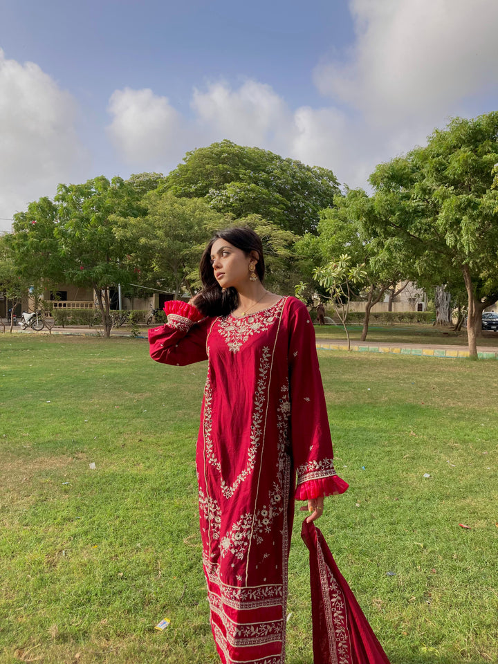 Maroon Embroidered Cotton Suit