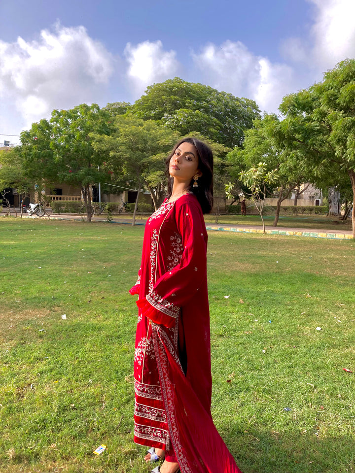 Maroon Embroidered Cotton Suit