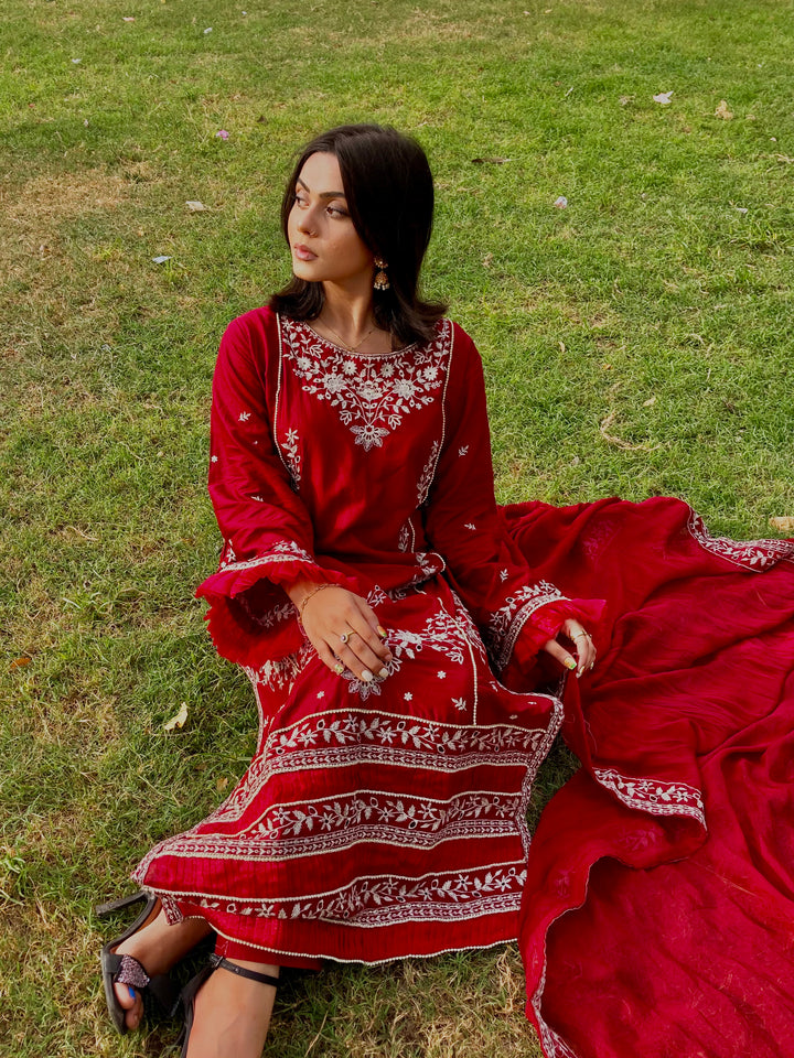 Maroon Embroidered Cotton Suit