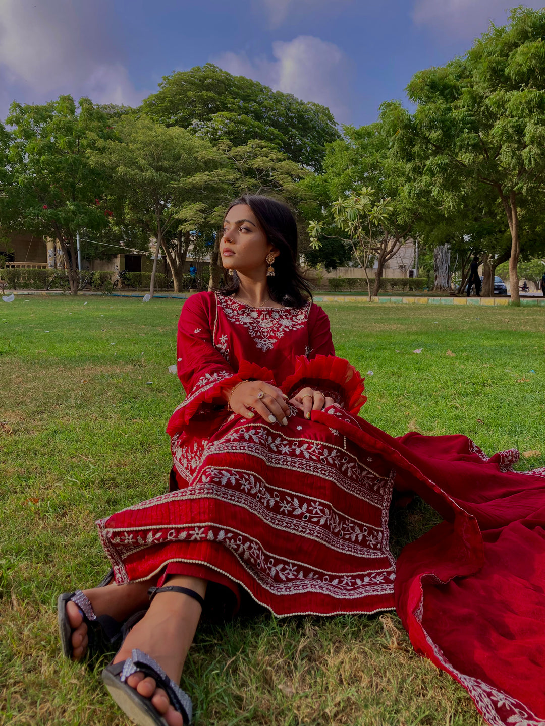 Maroon Embroidered Cotton Suit