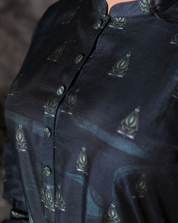 Geometric Print Greenish-Black Everyday Khadi Suit