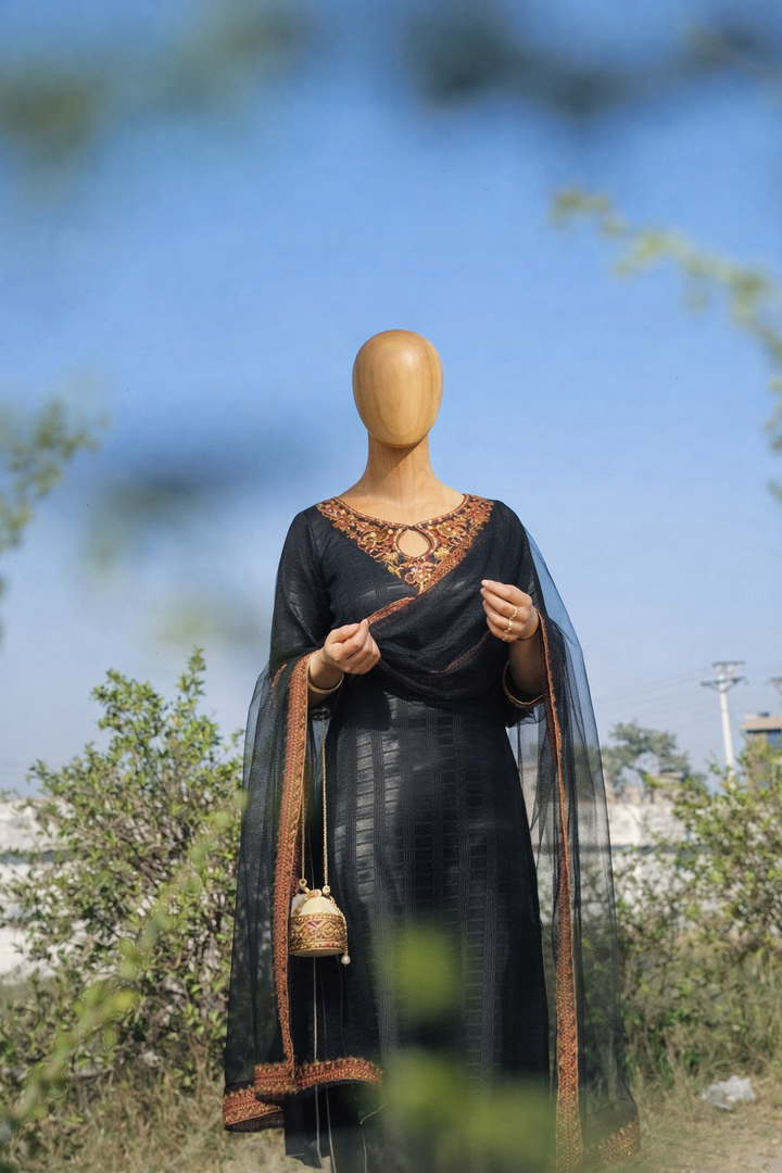 Black Embroidered Silk Wear