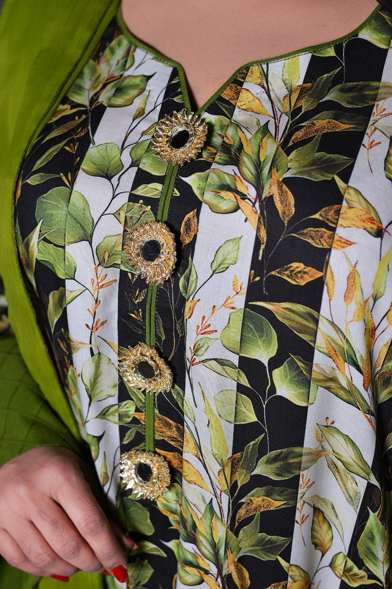 Leaf Print Olive Green & White Everyday Lawn Trouser Suit