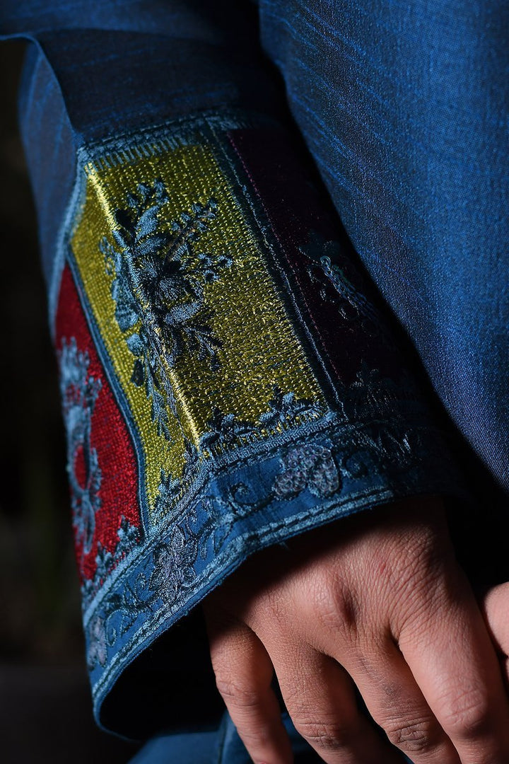 Elegant Teal Silk Suit with Designer Patches