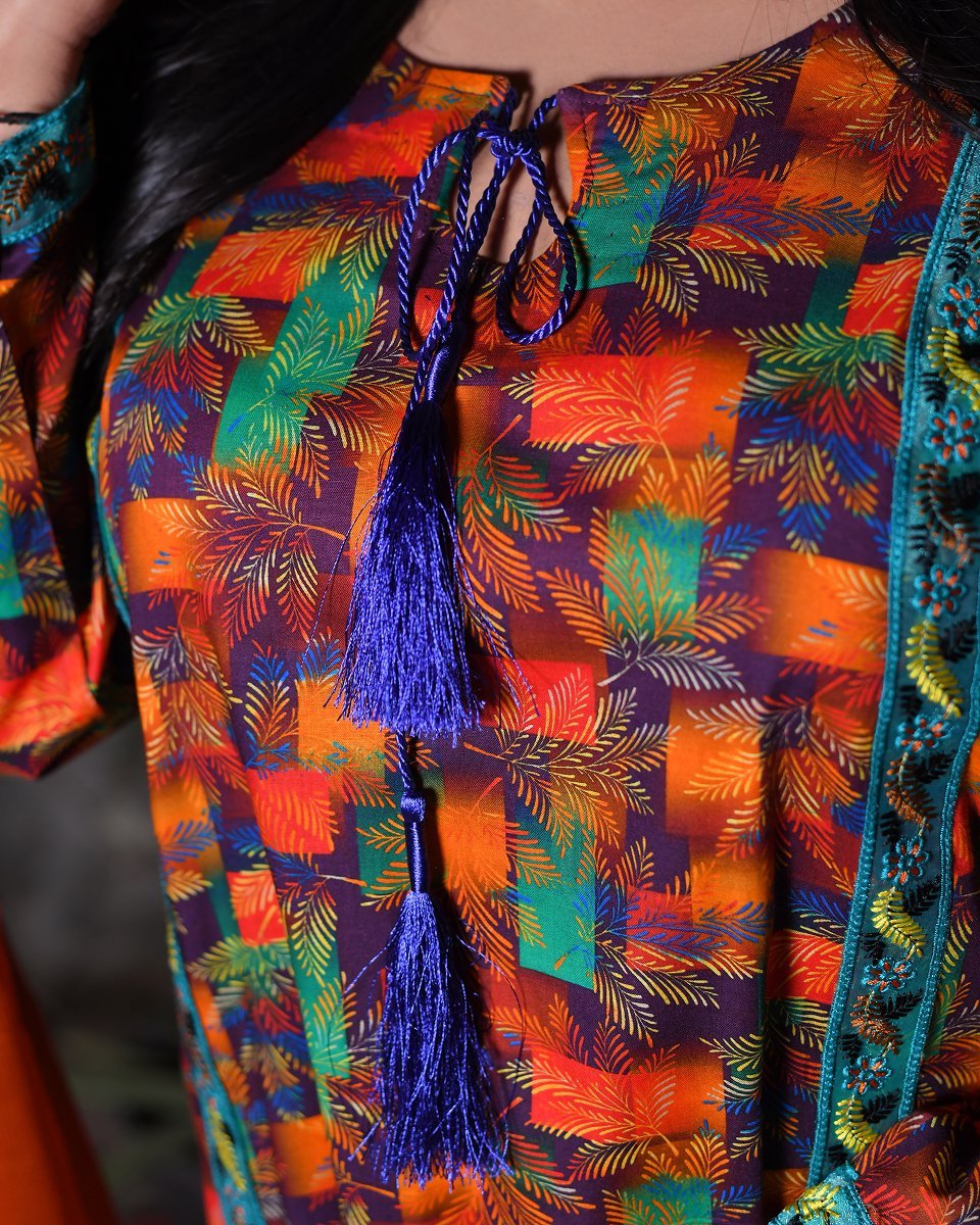 Multicolor Leaf and Block Print Everyday Wear Long A-line/Straight Dress