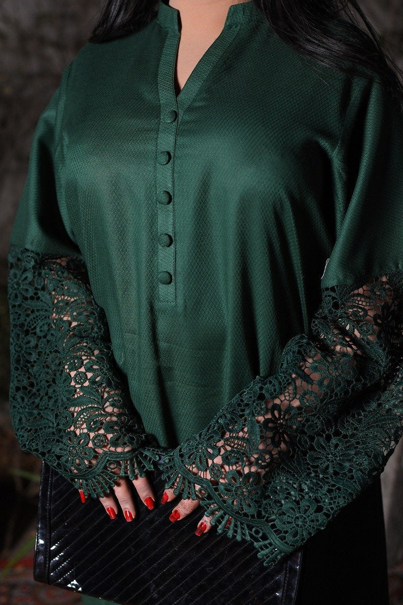 Emerald Green Lace Sleeve Winter Cotton Suit