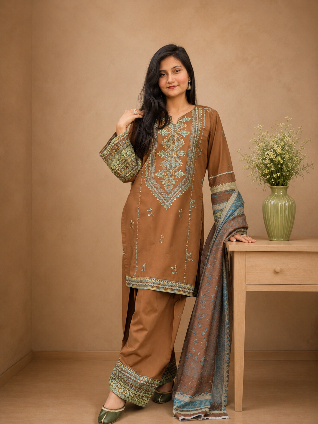 Mocha Brown Embroidered Lawn Dress with Printed Dupatta