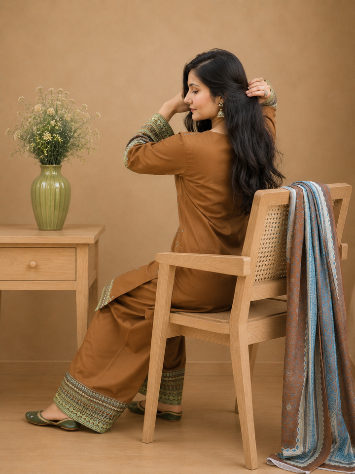 Mocha Brown Embroidered Lawn Dress with Printed Dupatta