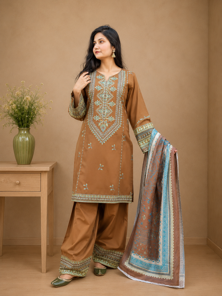 Mocha Brown Embroidered Lawn Dress with Printed Dupatta