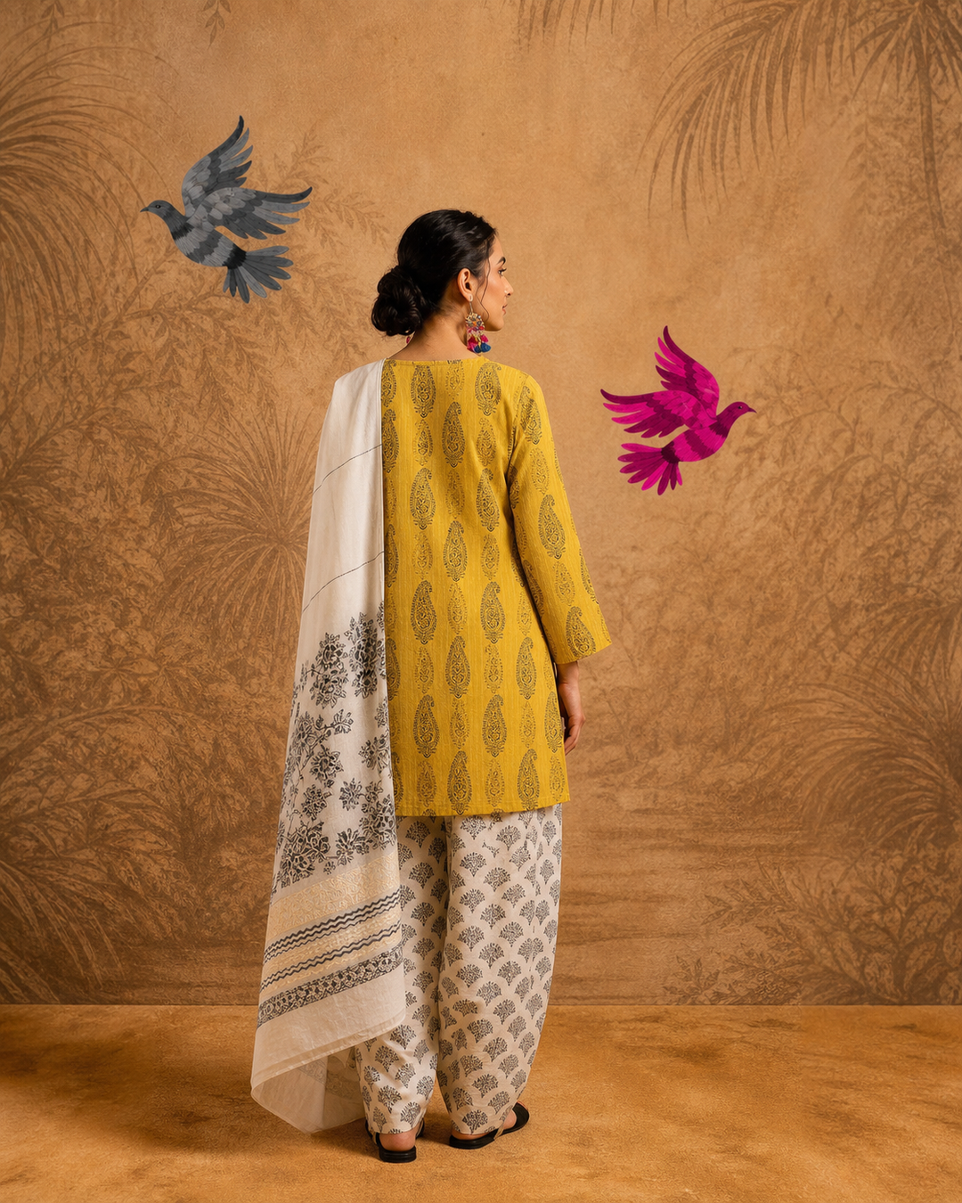 Noor Mustard Paisley Doriya Cotton Kurta Set | Casual & Eid Wear