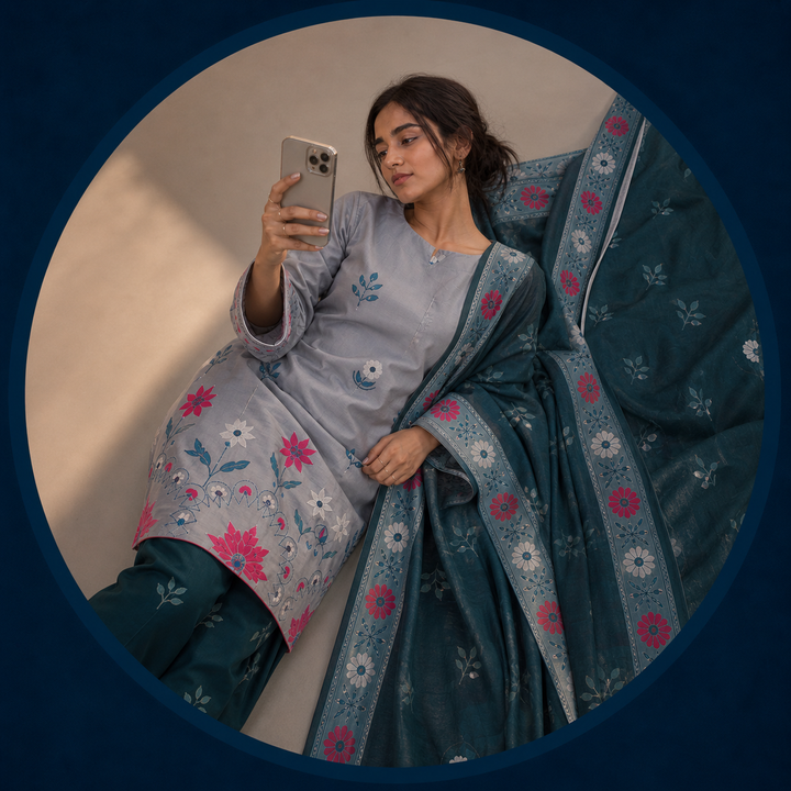 Grey & Zinc Floral Embroidered Cotton 3-Piece Suit | Eid & Formal Wear