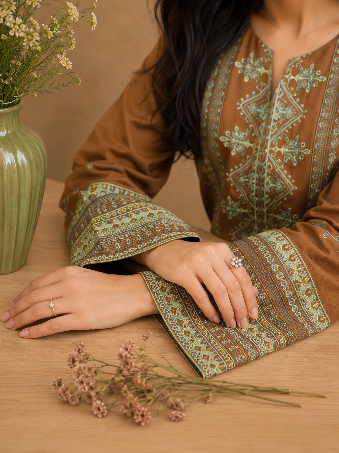 Mocha Brown Embroidered Lawn Dress with Printed Dupatta