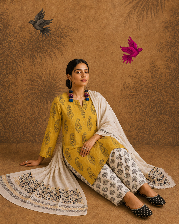 Noor Mustard Paisley Doriya Cotton Kurta Set | Casual & Eid Wear