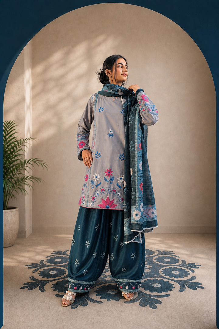 Grey & Zinc Floral Embroidered Cotton 3-Piece Suit | Eid & Formal Wear