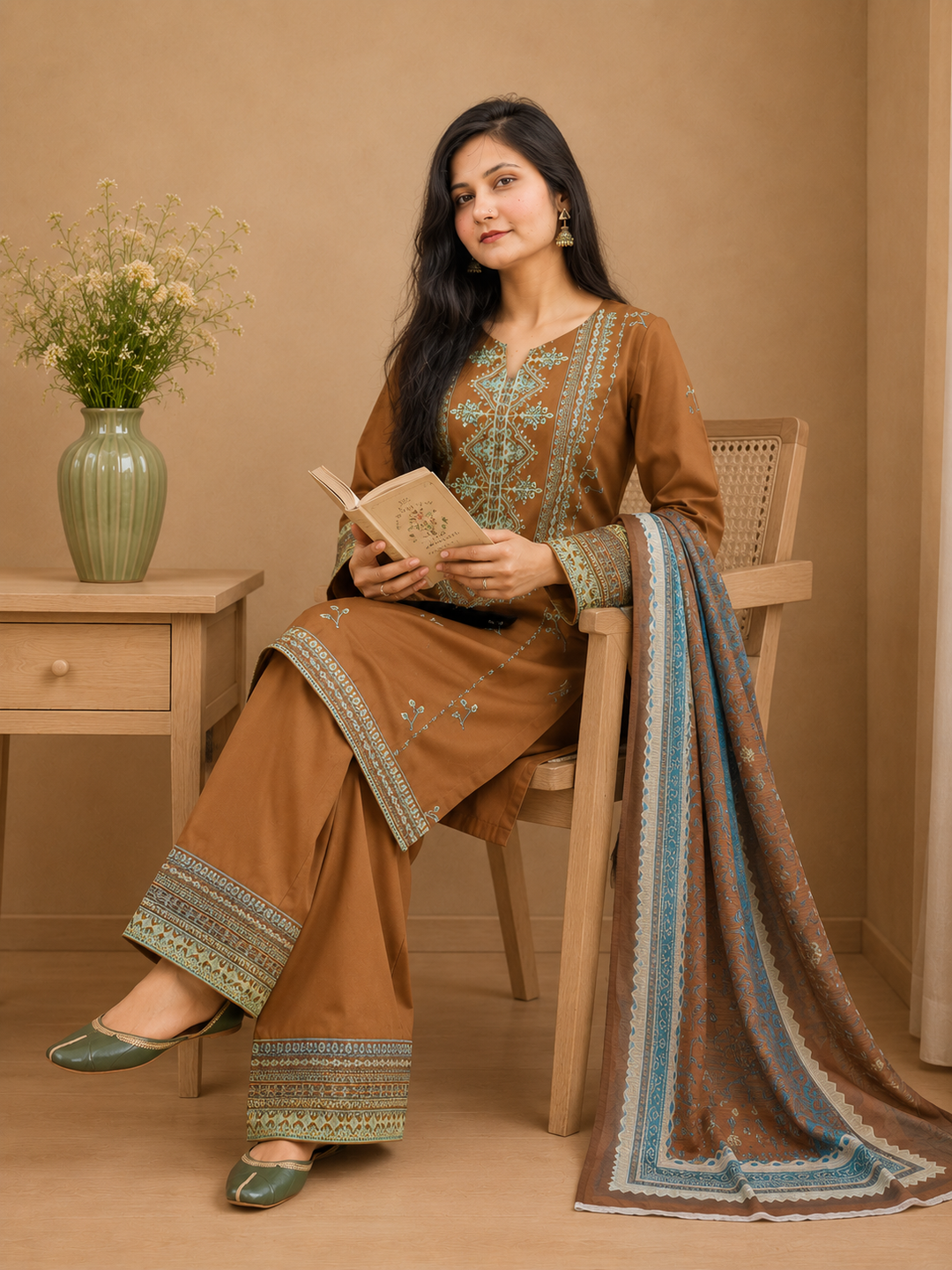 Mocha Brown Embroidered Lawn Dress with Printed Dupatta