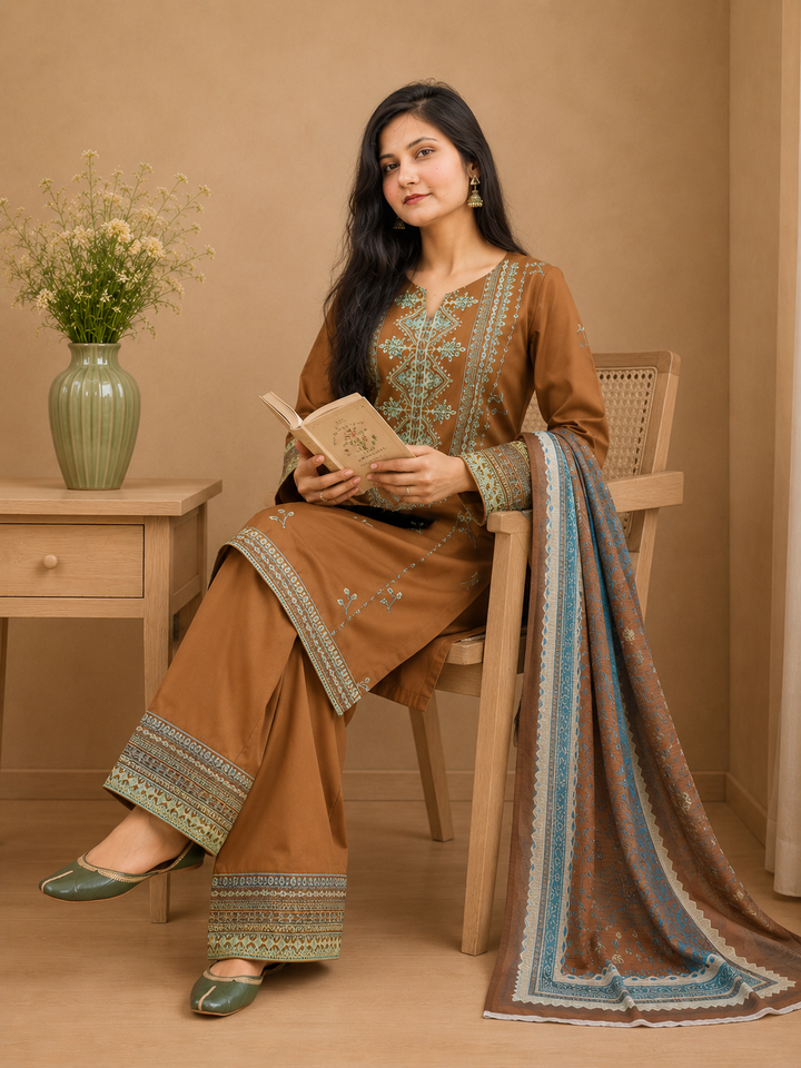 Mocha Brown Embroidered Lawn Dress with Printed Dupatta