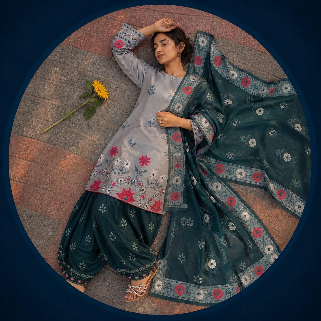 Grey & Zinc Floral Embroidered Cotton 3-Piece Suit | Eid & Formal Wear