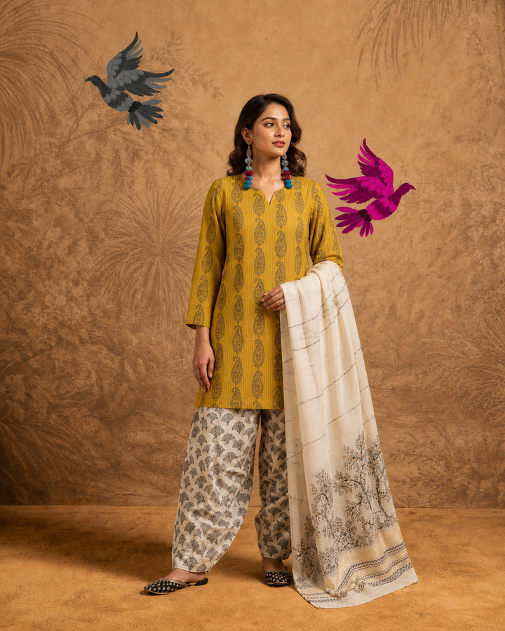 Noor Mustard Paisley Doriya Cotton Kurta Set | Casual & Eid Wear