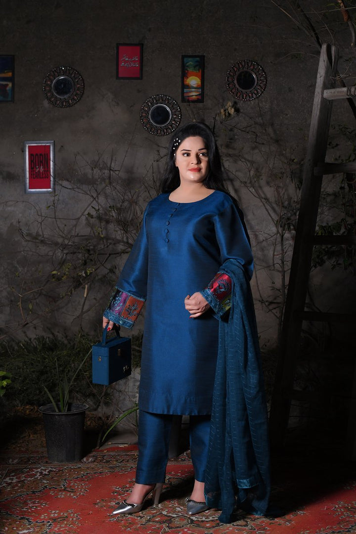 Elegant Teal Silk Suit with Designer Patches