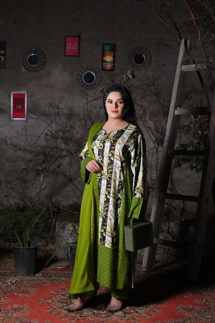 Leaf Print Olive Green & White Everyday Lawn Trouser Suit