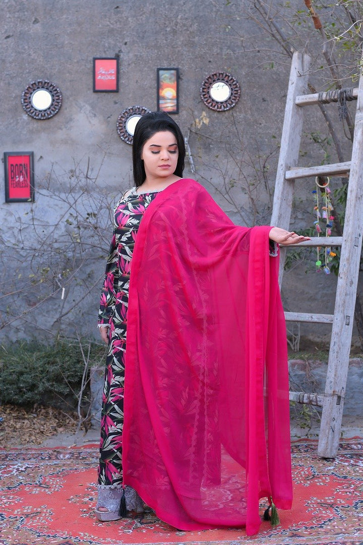 Black & Pink Tropical Print Everyday Lilan Lawn Trouser Suit