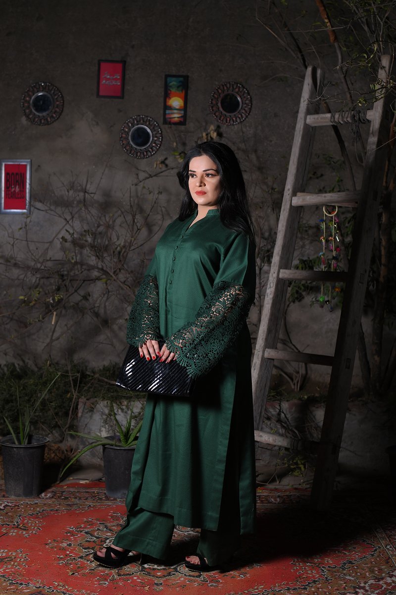 Emerald Green Lace Sleeve Winter Cotton Suit
