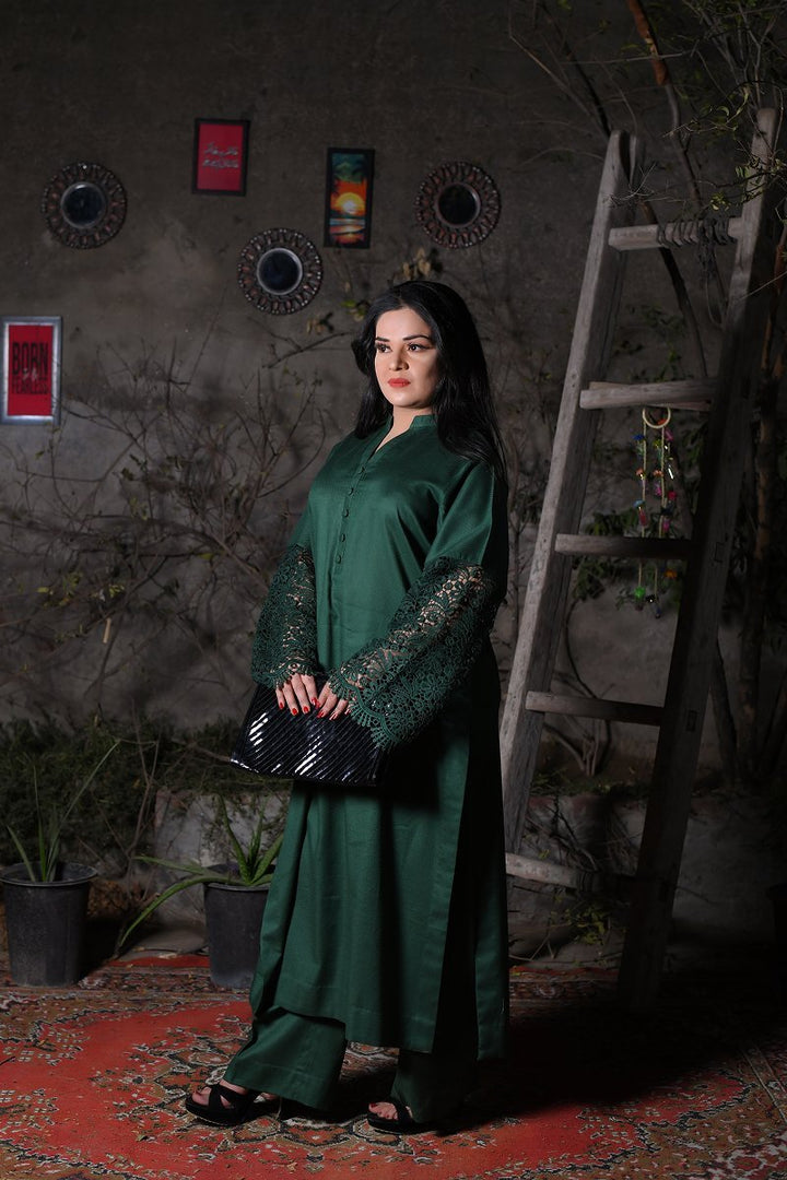 Emerald Green Lace Sleeve Winter Cotton Suit