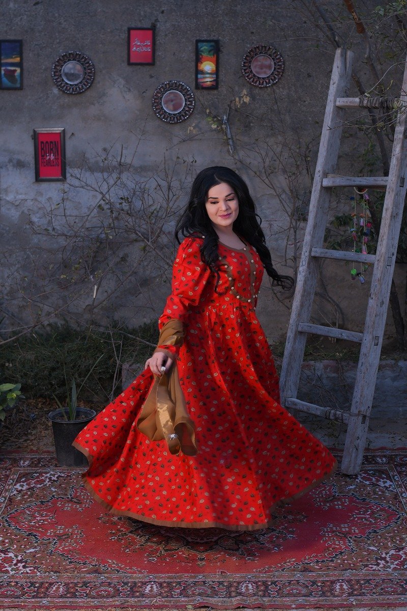 Red Floral Everyday wear long frock