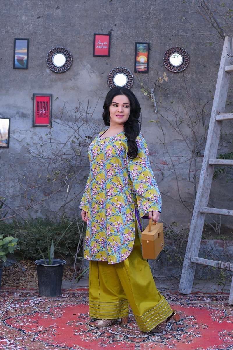 Yellow-Green Floral Everyday Farshi Shalwar Kameez