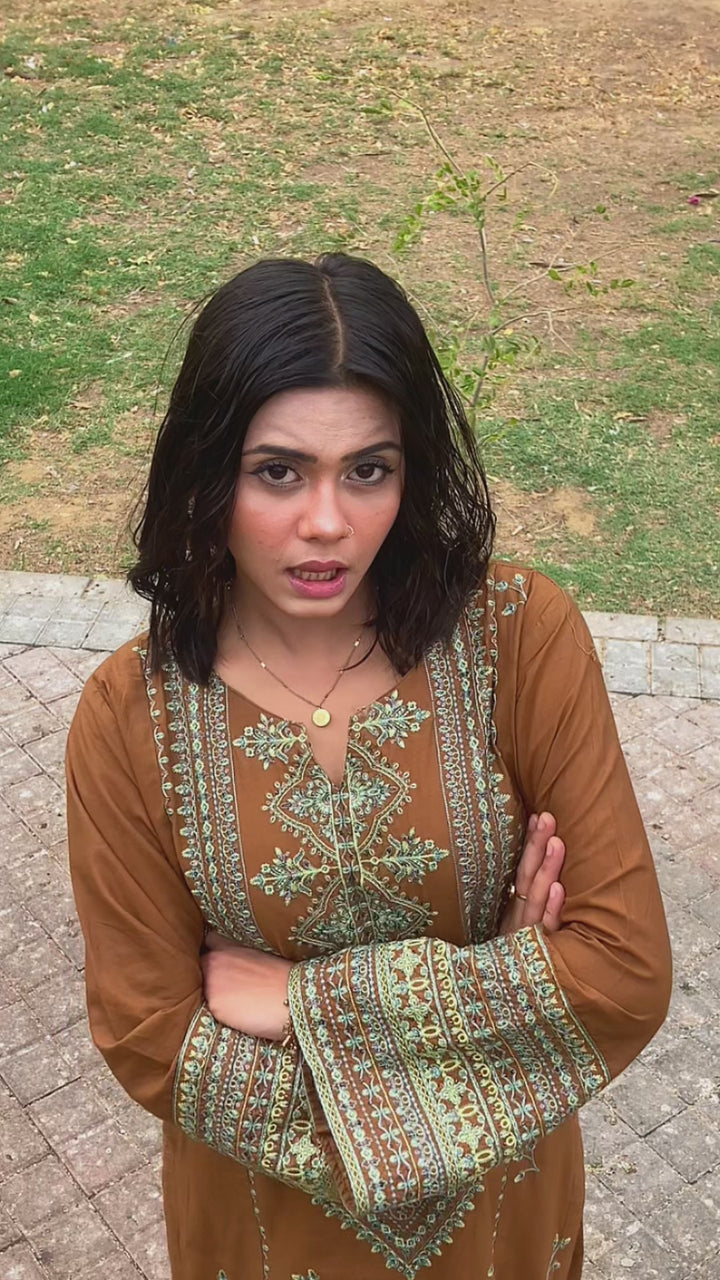 Mocha Brown Embroidered Lawn Dress with Printed Dupatta